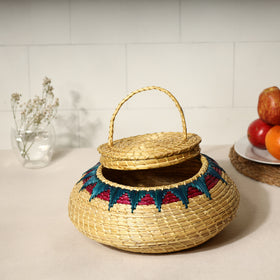  Beige Handmade Sikki Grass Multipurpose Basket with Lid 