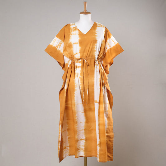 Orange - Shibori Tie-Dye Cotton Kaftan with Tie-Up Waist (Long)
