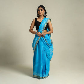 Buy Blue Cotton Hand Batik Print Saree with Blouse Piece