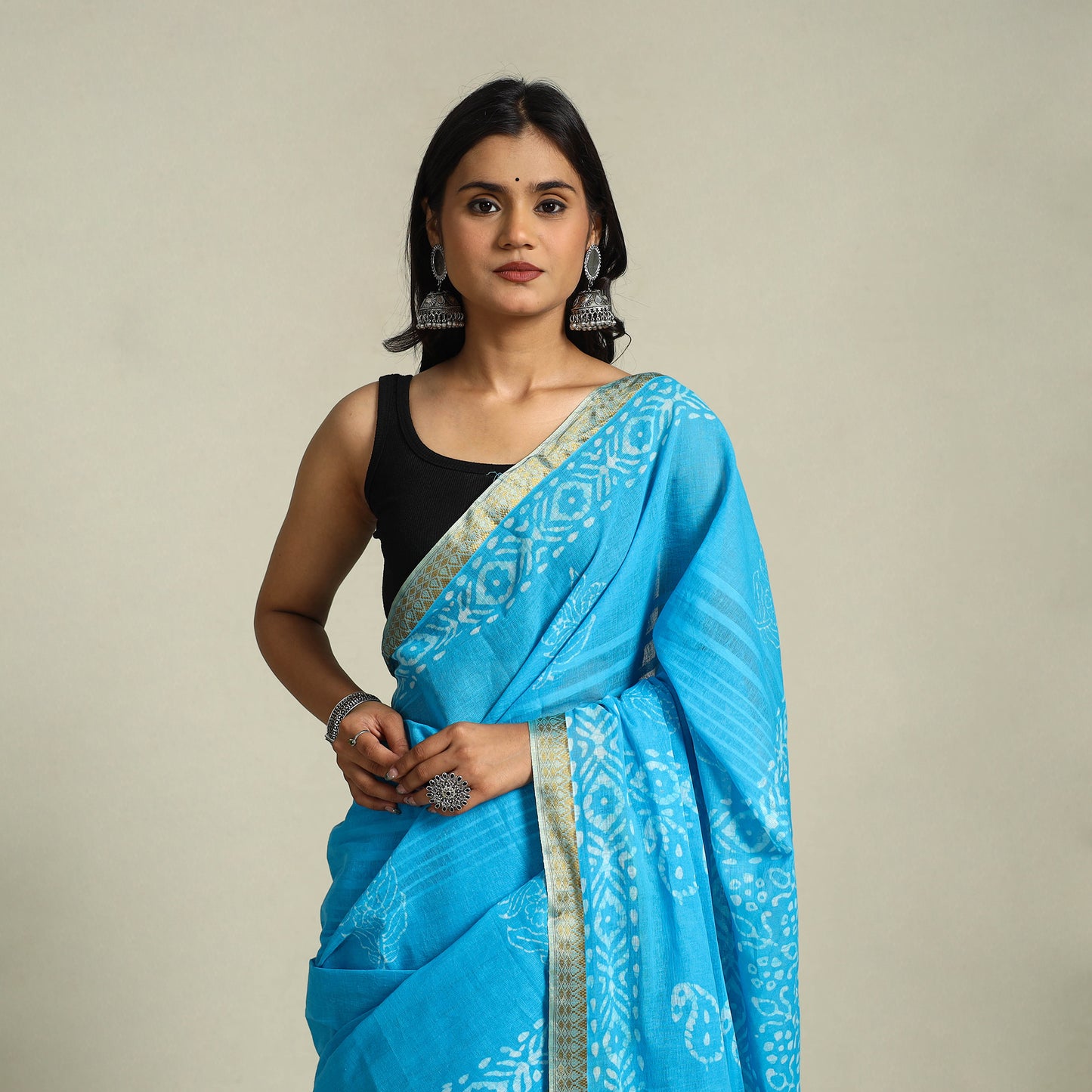 Buy Blue Cotton Hand Batik Print Saree with Blouse Piece