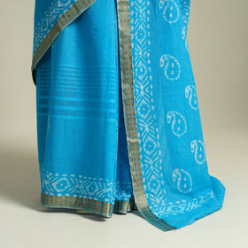 Buy Blue Cotton Hand Batik Print Saree with Blouse Piece