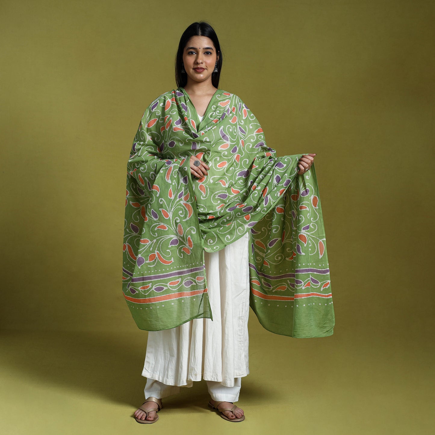  Green Cotton Hand Batik Print Dupatta