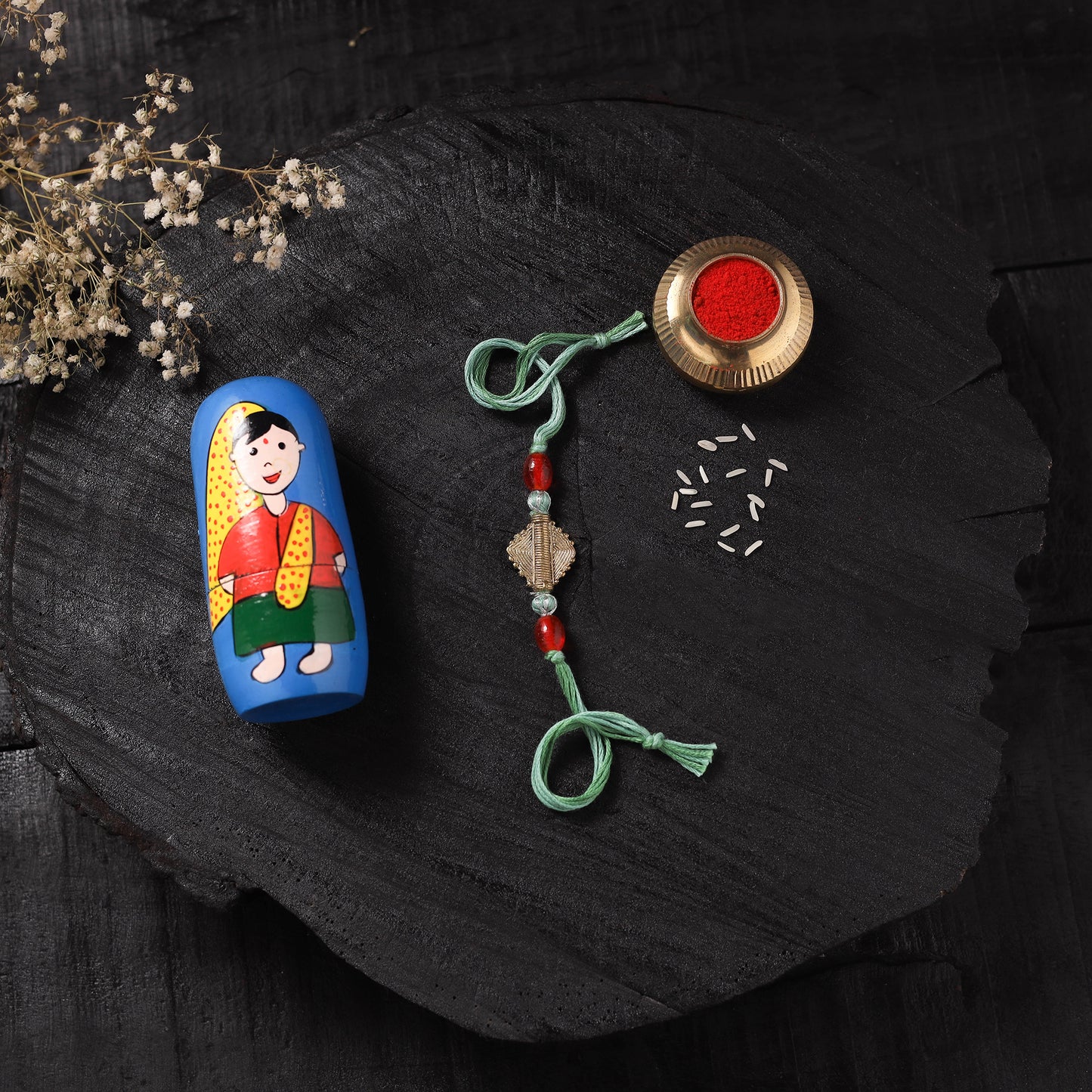 Green - Handcrafted Tribal Dokra Brass Thread Rakhi with Banaras Wood Doll Box 03