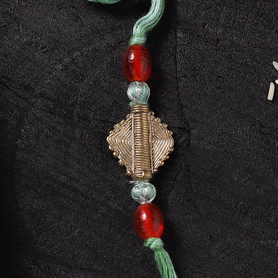 Green - Handcrafted Tribal Dokra Brass Thread Rakhi with Banaras Wood Doll Box 03