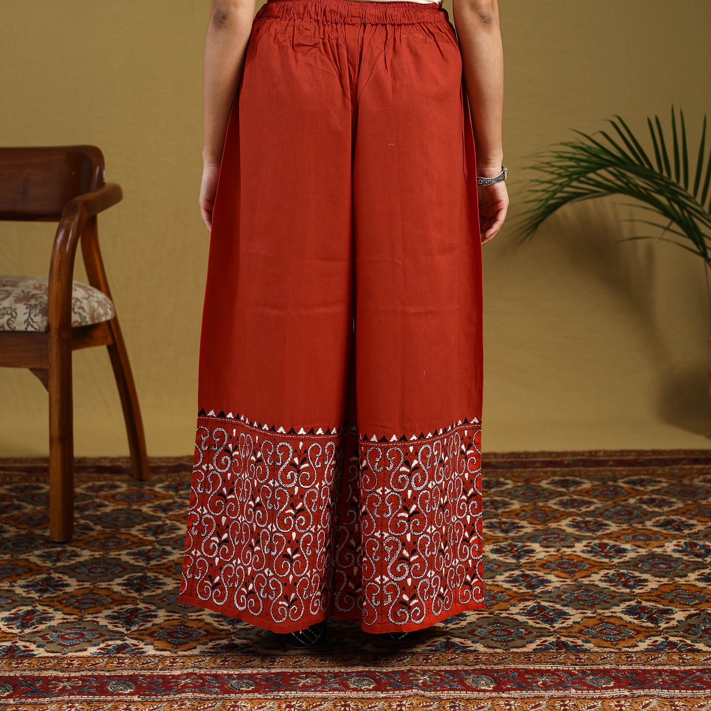 Buy Orange Cotton Bengal Kantha Hand Embroidery Palazzo