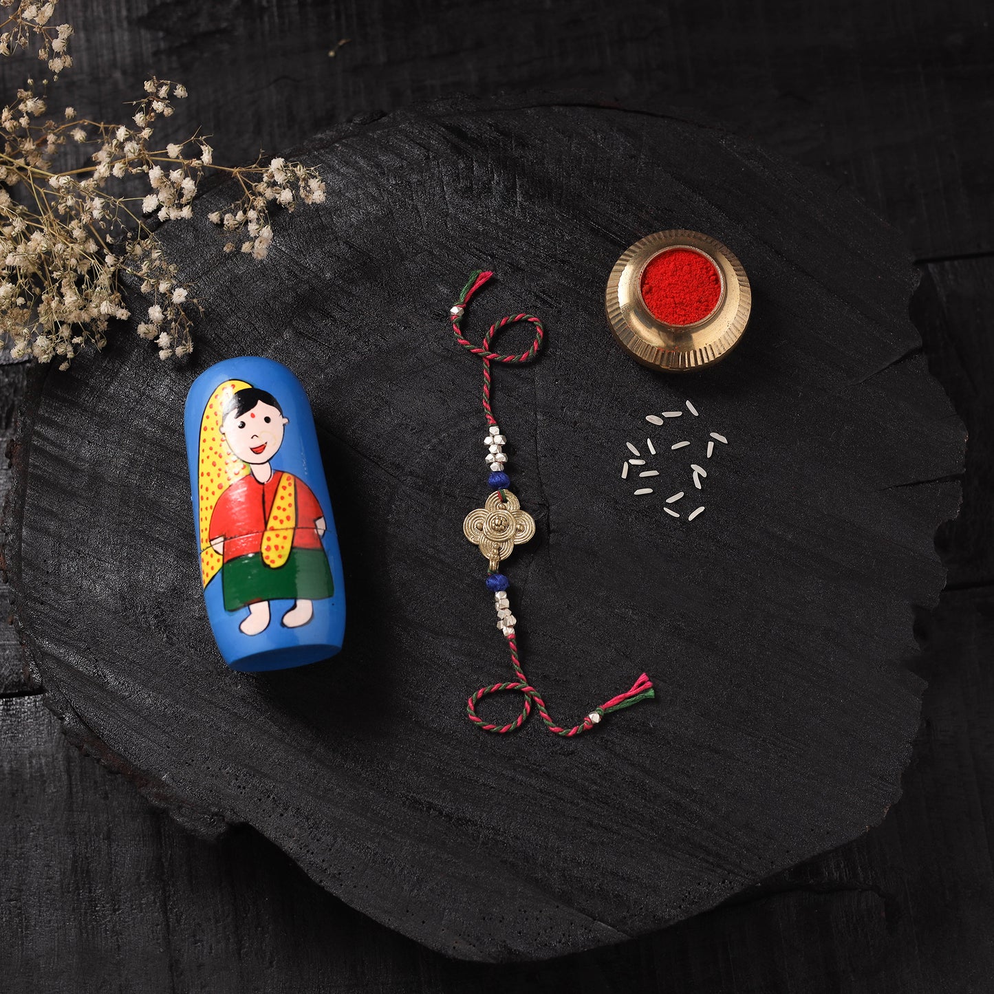 Multicolor - Handcrafted Tribal Dokra Brass Thread Rakhi with Banaras Wood Doll Box 04