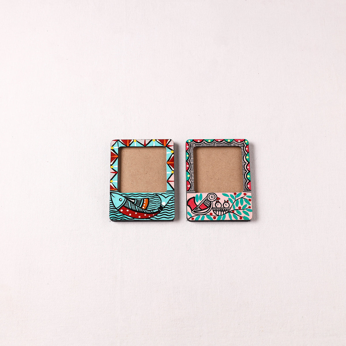 Madhubani Handpainted Wooden Photo Frame Fridge Magnet (Set of 2) 02