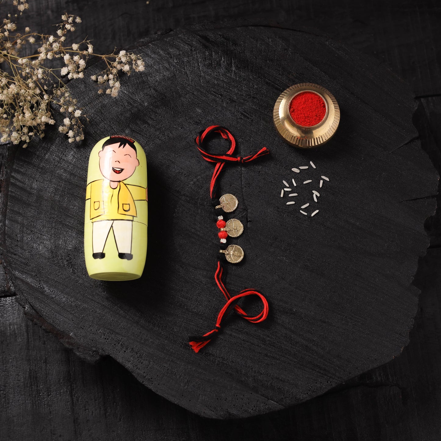 Multicolor - Star Handcrafted Tribal Dokra Brass Thread Rakhi with Banaras Wood Doll Box 07