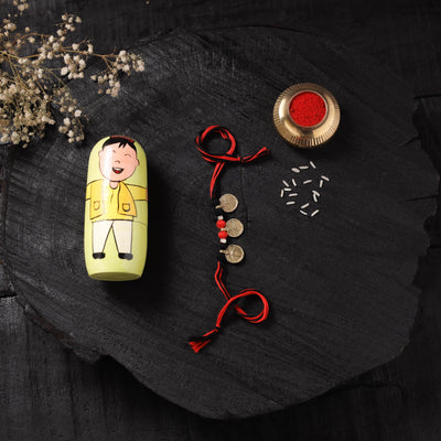 Multicolor - Star Handcrafted Tribal Dokra Brass Thread Rakhi with Banaras Wood Doll Box 07