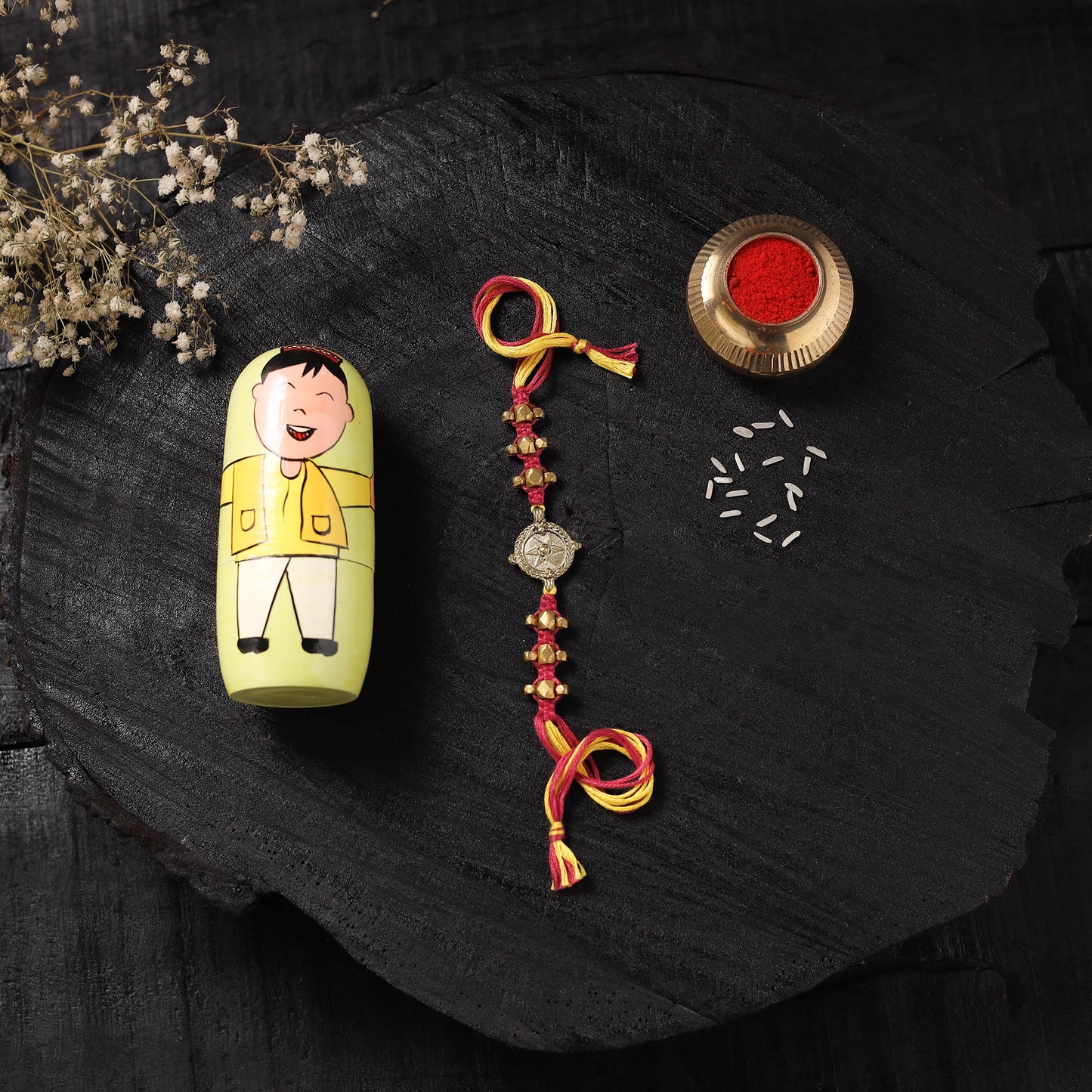 Multicolor - Handcrafted Tribal Dokra Brass Thread Rakhi with Banaras Wood Doll Box 08