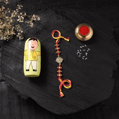 Multicolor - Handcrafted Tribal Dokra Brass Thread Rakhi with Banaras Wood Doll Box 08
