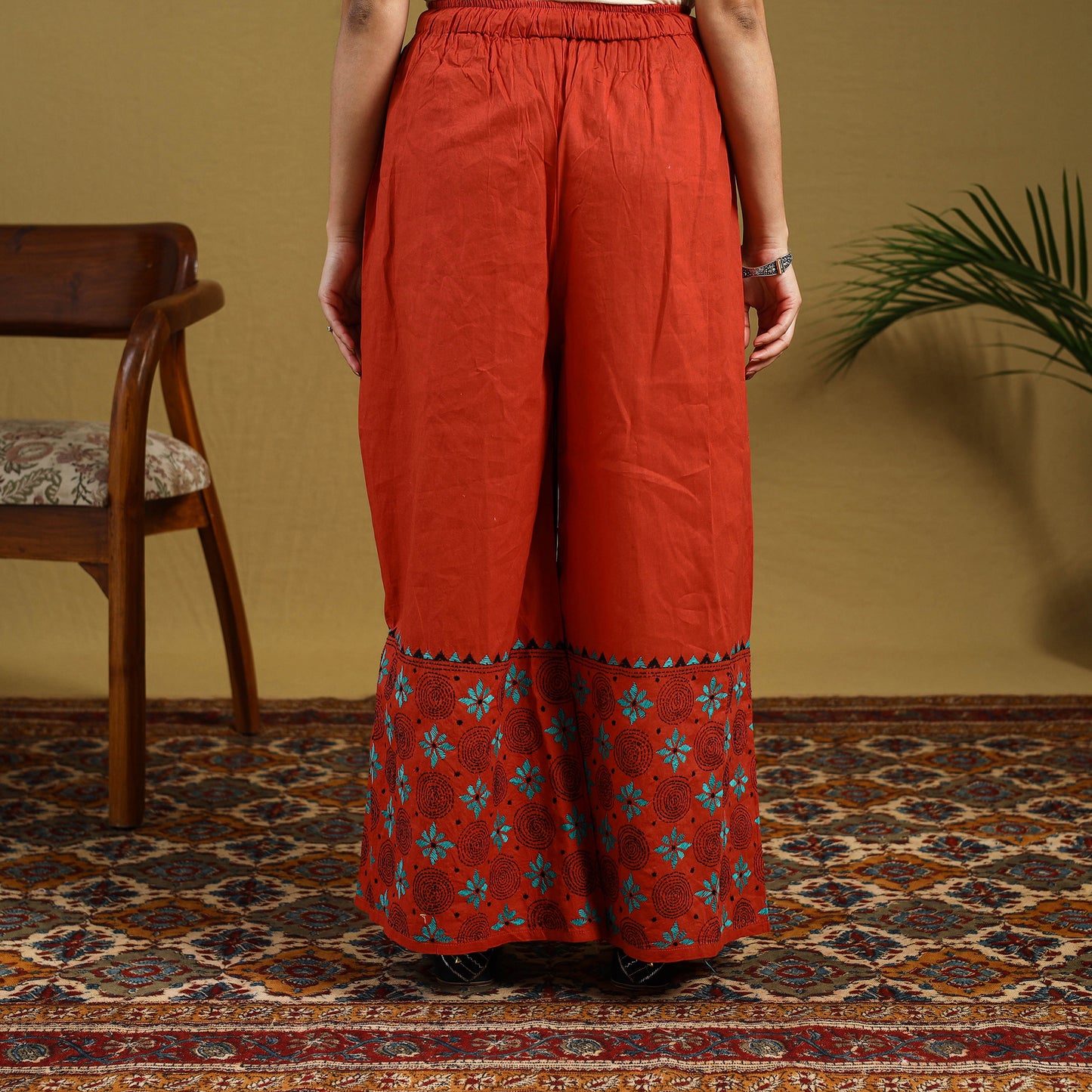 Orange - cotton bengal kantha hand embroidery palazzo 56