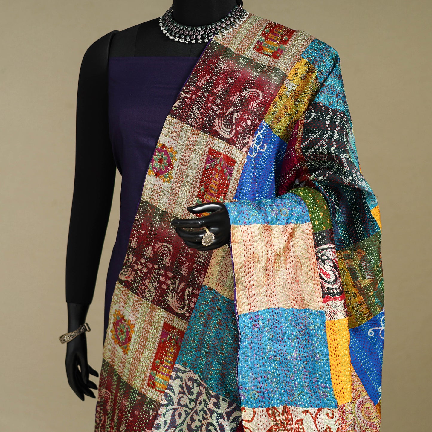 Multicolor - patchwork reversible silk bengal kantha work