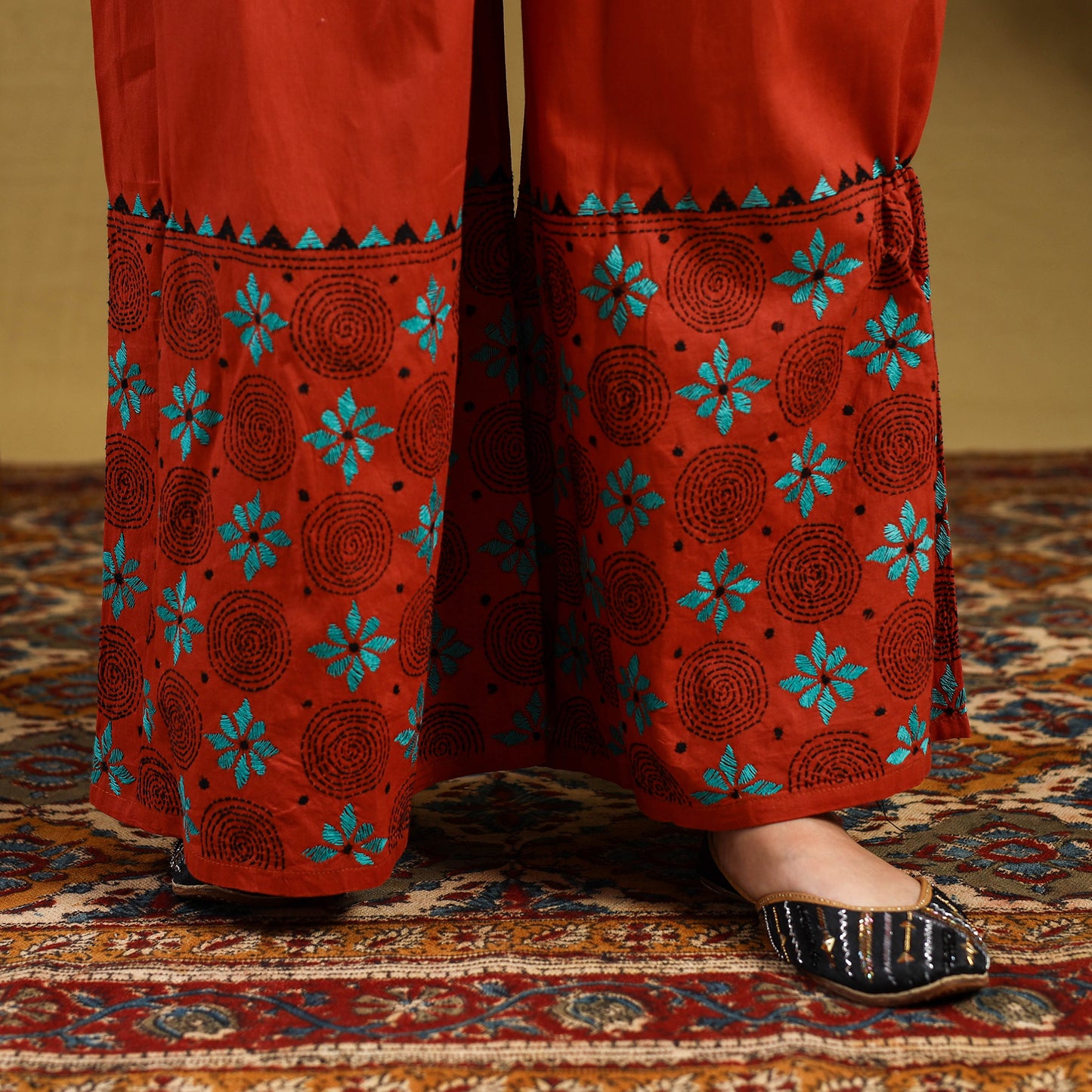 Orange - cotton bengal kantha hand embroidery palazzo 56