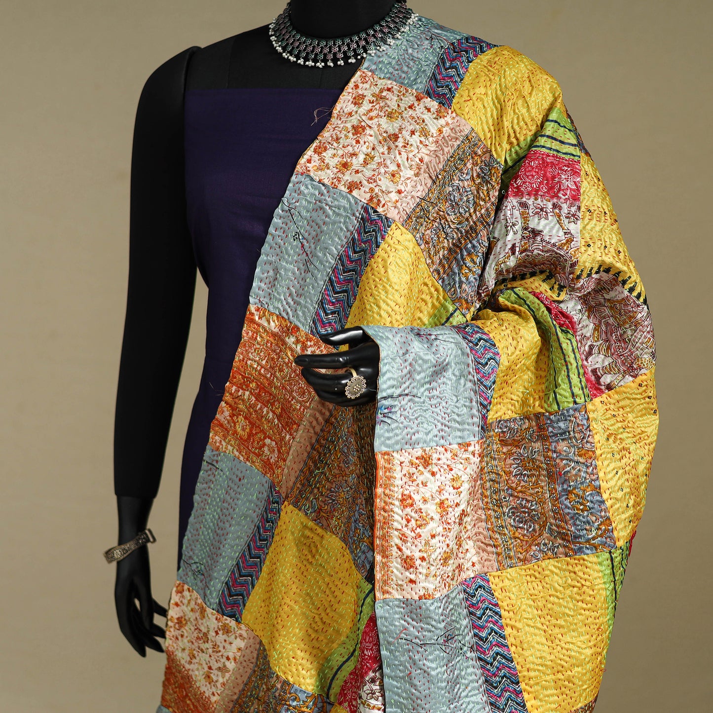 Multicolor - patchwork reversible silk bengal kantha work