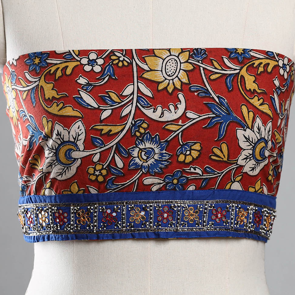 Red - Zardozi Hand Embroidered Kalamkari Cotton Blouse Piece 37