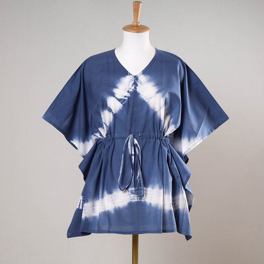Blue - Shibori Tie-Dye Cotton Kaftan with Tie-Up Waist (Short)