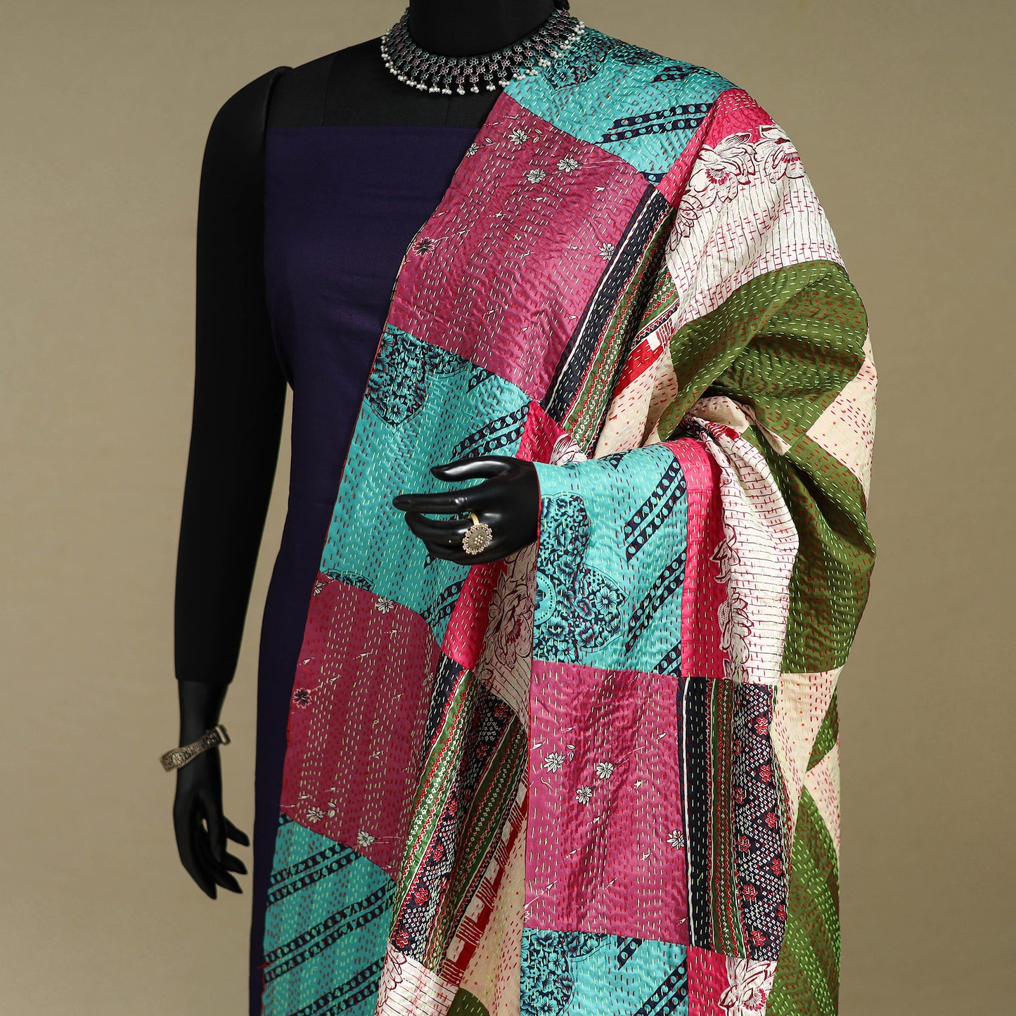 Multicolor - patchwork reversible silk bengal kantha work