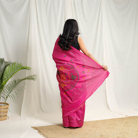  Buy Pink Bengal Hand Embroidery Silk Nakshi Kantha Saree