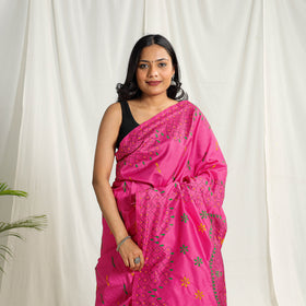  Buy Pink Bengal Hand Embroidery Silk Nakshi Kantha Saree