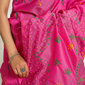  Buy Pink Bengal Hand Embroidery Silk Nakshi Kantha Saree