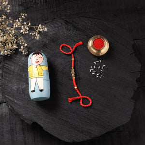 Red - Handcrafted Tribal Dokra Brass Thread Rakhi with Banaras Wood Doll Box 20