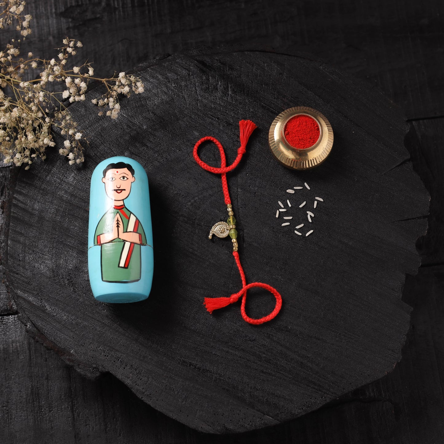 Red - Handcrafted Tribal Dokra Brass Thread Rakhi with Banaras Wood Doll Box 23