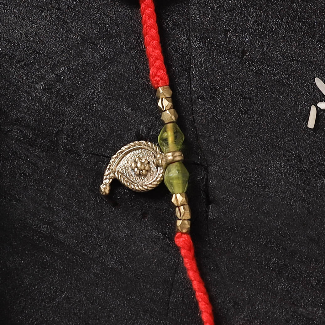 Red - Handcrafted Tribal Dokra Brass Thread Rakhi with Banaras Wood Doll Box 23