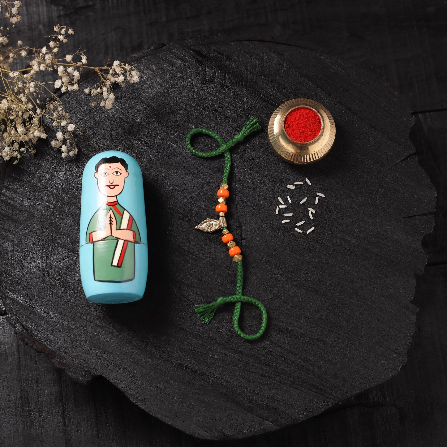 Green - Handcrafted Tribal Dokra Brass Thread Rakhi with Banaras Wood Doll Box 24