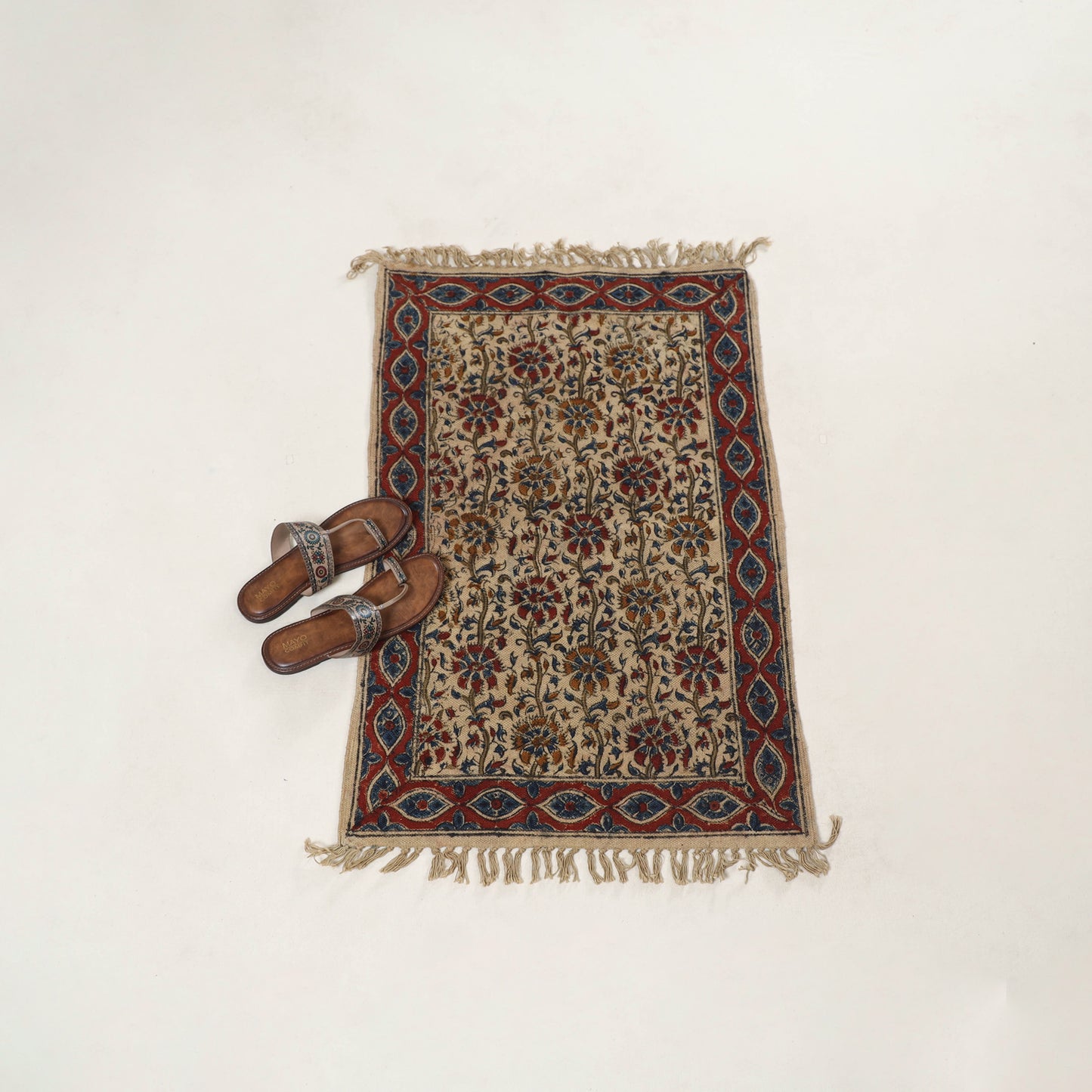 Beige - Warangal Handwoven Kalamkari Block Print Cotton Floor Mat (2 x 3 Feet) 06