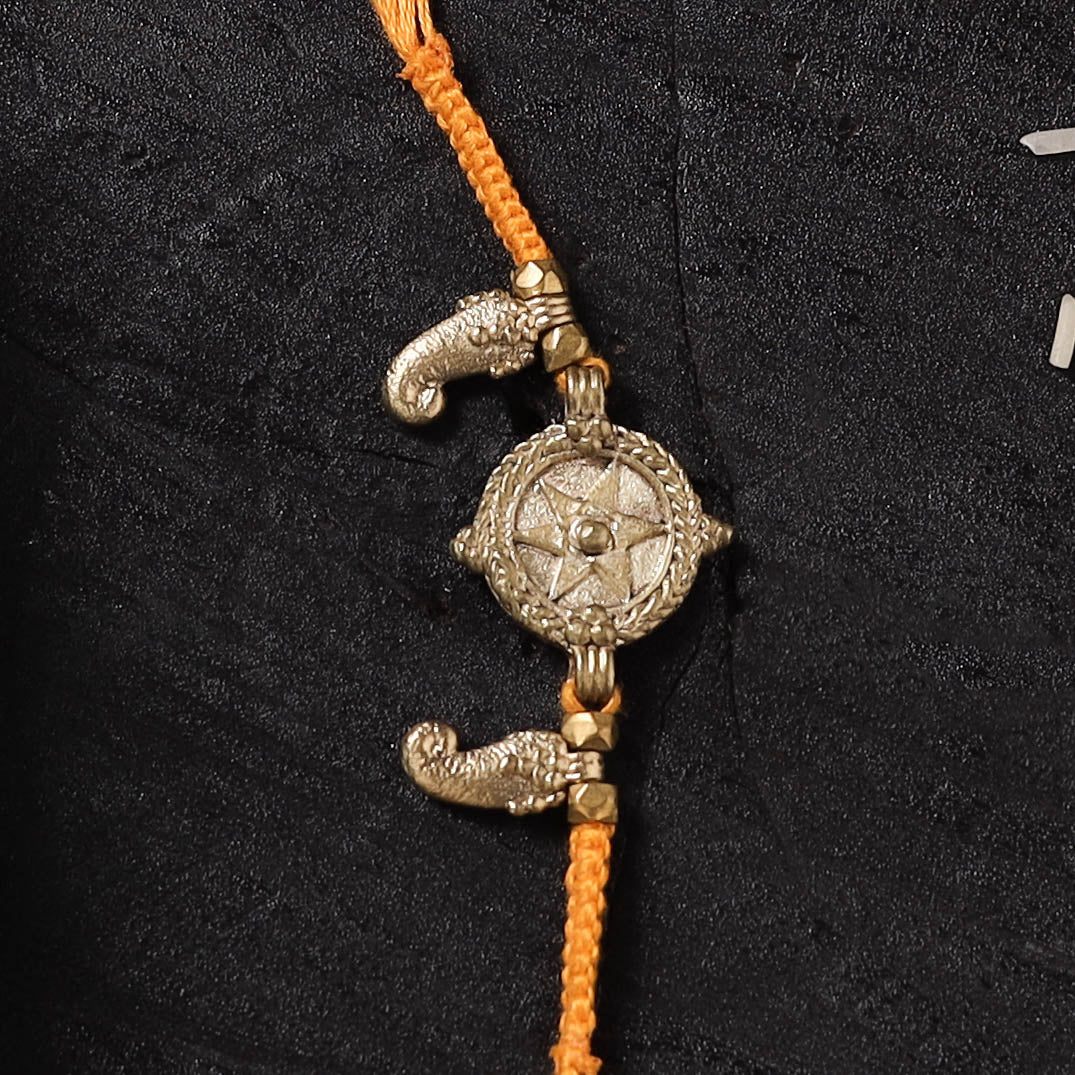 Yellow - Handcrafted Tribal Dokra Brass Thread Rakhi with Banaras Wood Doll Box 26