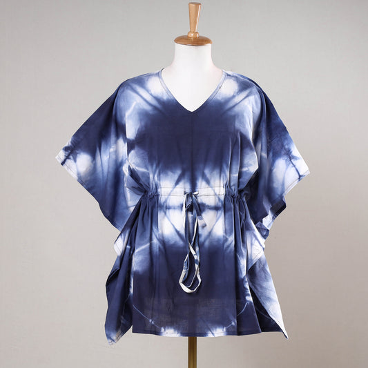 Blue - Shibori Tie-Dye Cotton Kaftan with Tie-Up Waist (Short)