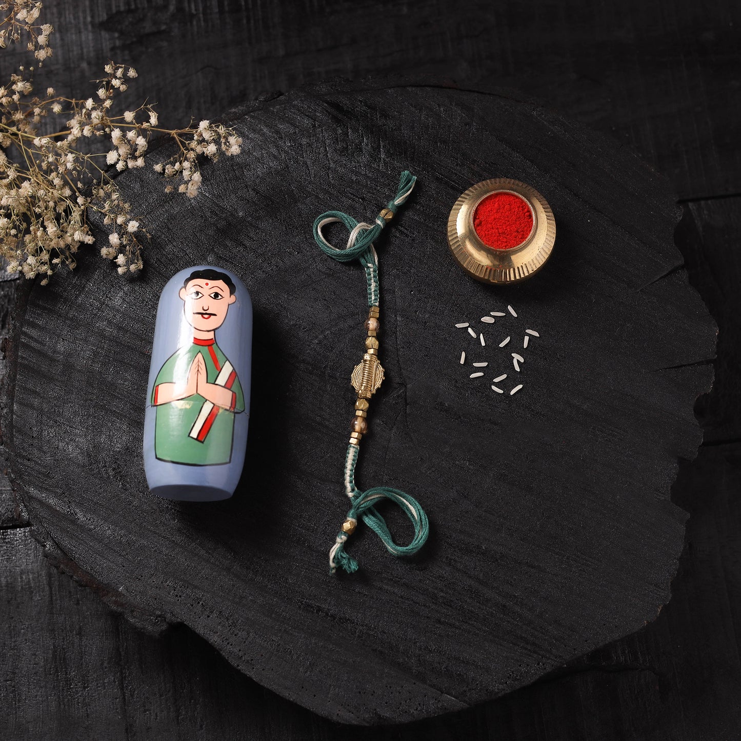 Green - Handcrafted Tribal Dokra Brass Thread Rakhi with Banaras Wood Doll Box 30