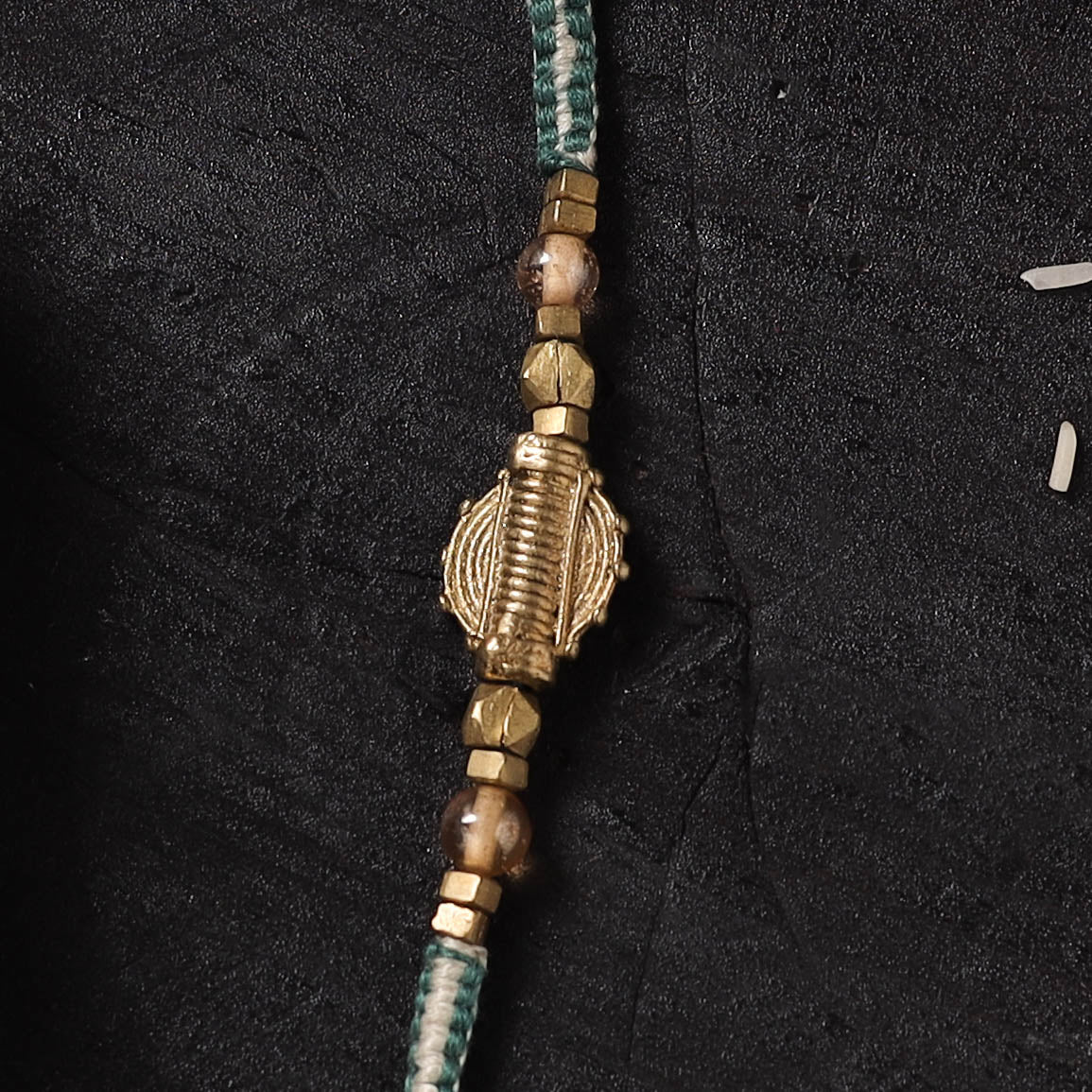 Green - Handcrafted Tribal Dokra Brass Thread Rakhi with Banaras Wood Doll Box 30