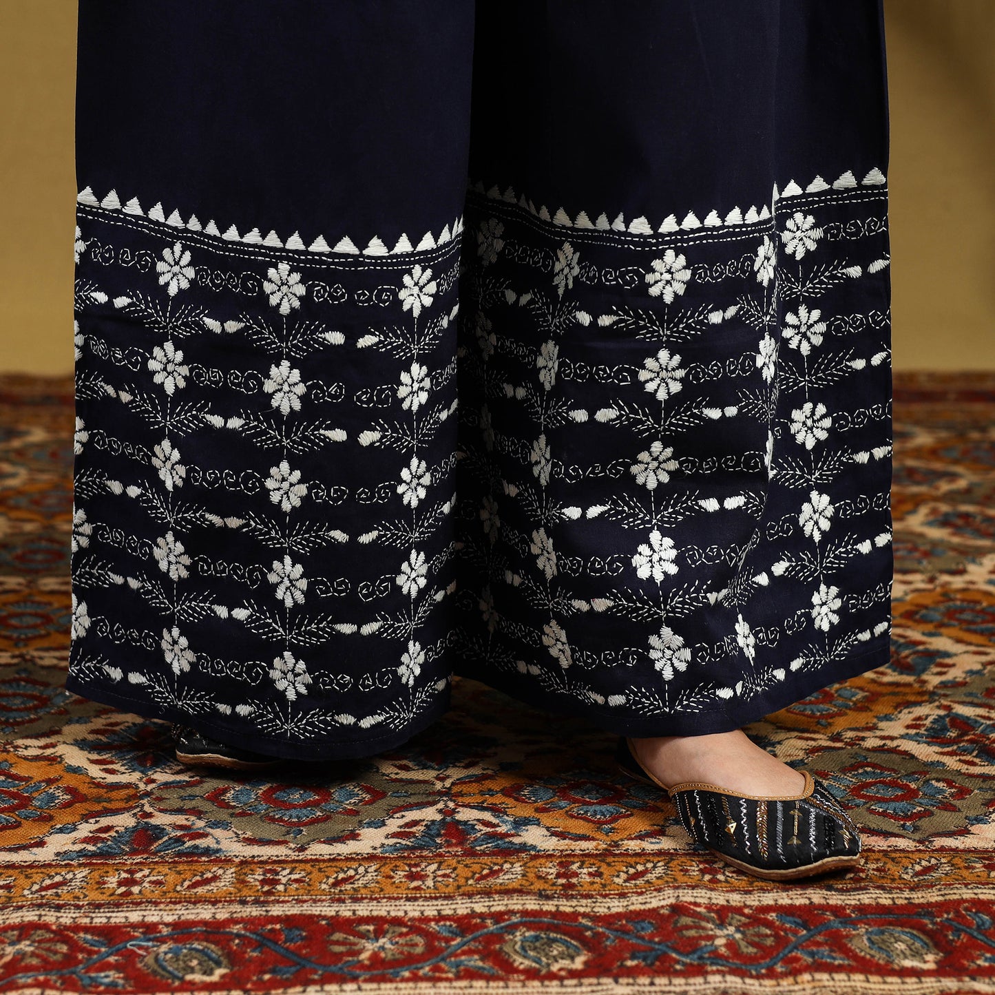 Buy Blue Cotton Bengal Kantha Hand Embroidery Palazzo