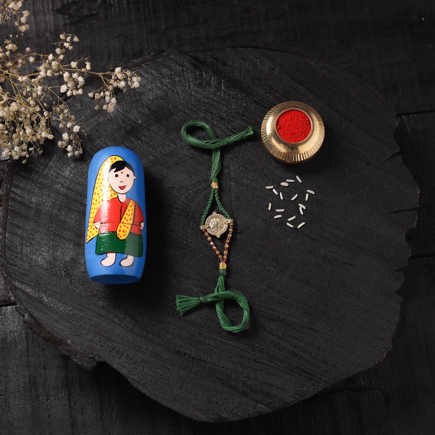 Green - Handcrafted Tribal Dokra Brass Thread Rakhi with Banaras Wood Doll Box 35