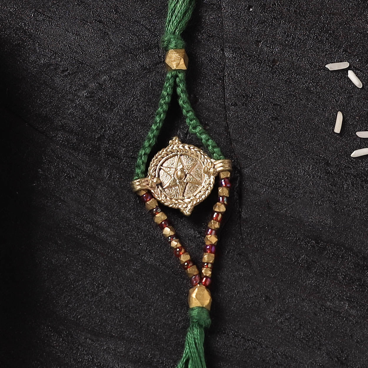 Green - Handcrafted Tribal Dokra Brass Thread Rakhi with Banaras Wood Doll Box 35