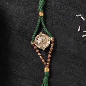 Green - Handcrafted Tribal Dokra Brass Thread Rakhi with Banaras Wood Doll Box 35