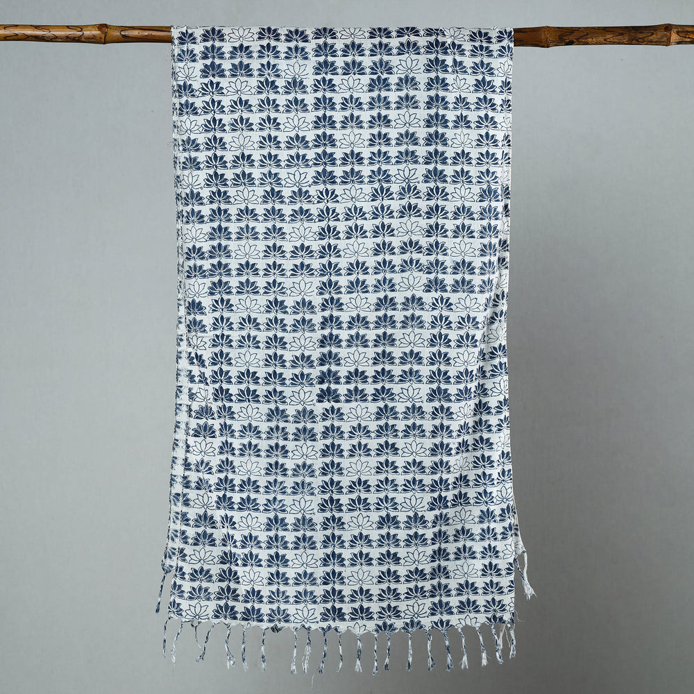 Blue - Sanganeri Block Printed Cotton Stole with Tassels 219