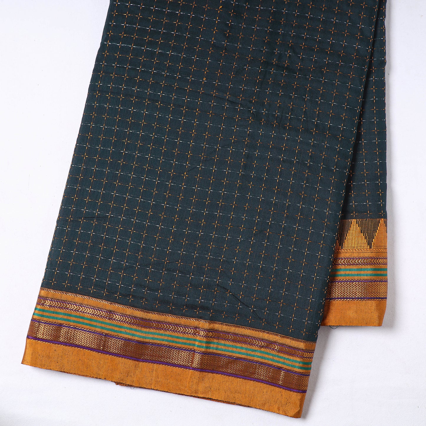 Green - Prewashed Dharwad Mercerised Cotton Zari Border Fabric 10