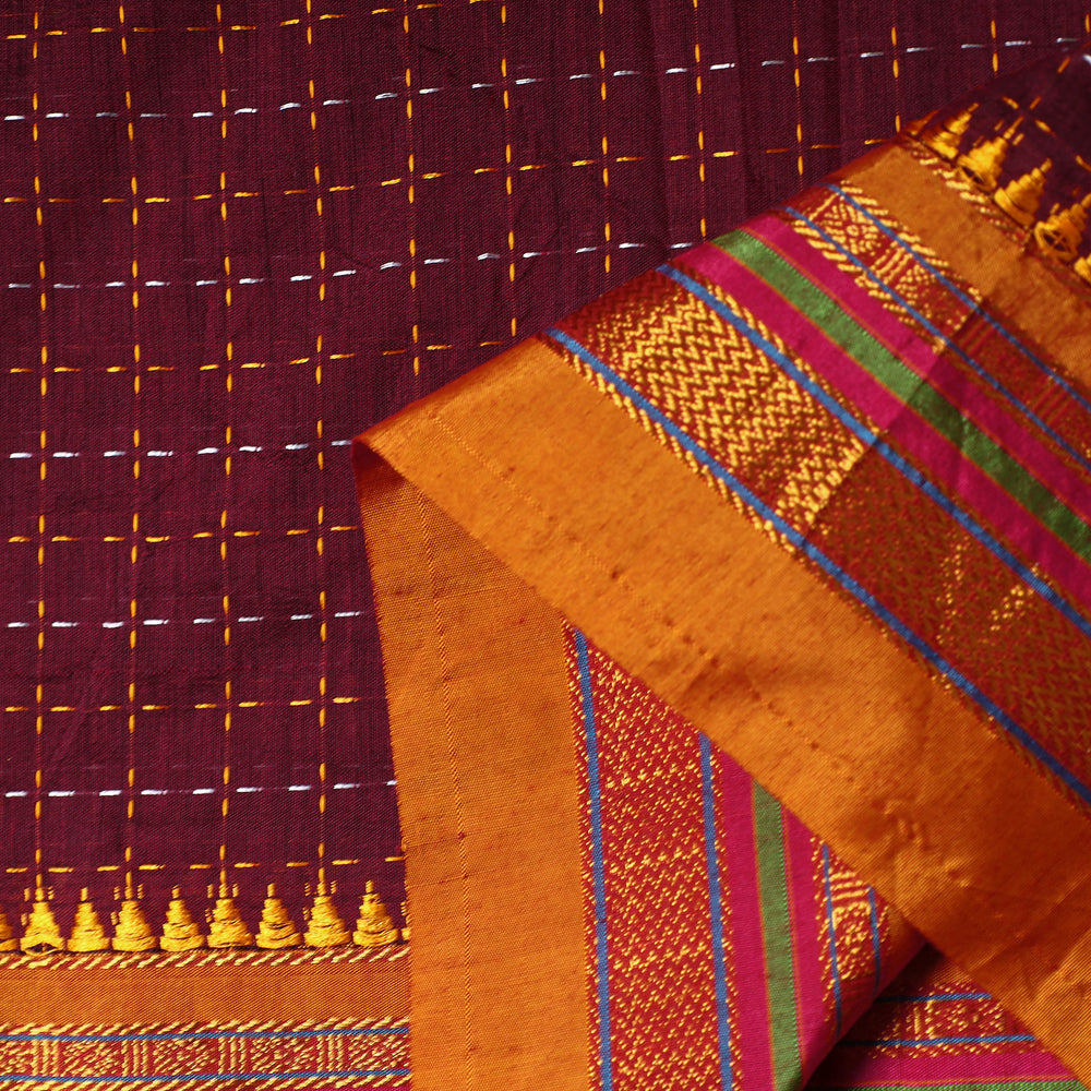 Maroon - Prewashed Dharwad Mercerised Cotton Zari Border Fabric 12