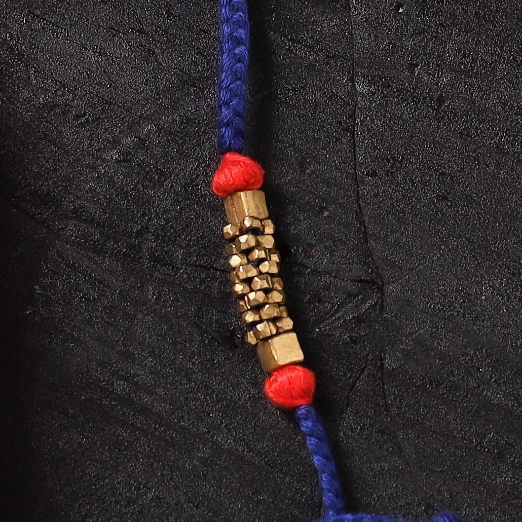 Blue - Handcrafted Tribal Dokra Brass Thread Rakhi with Banaras Wood Doll Box 41