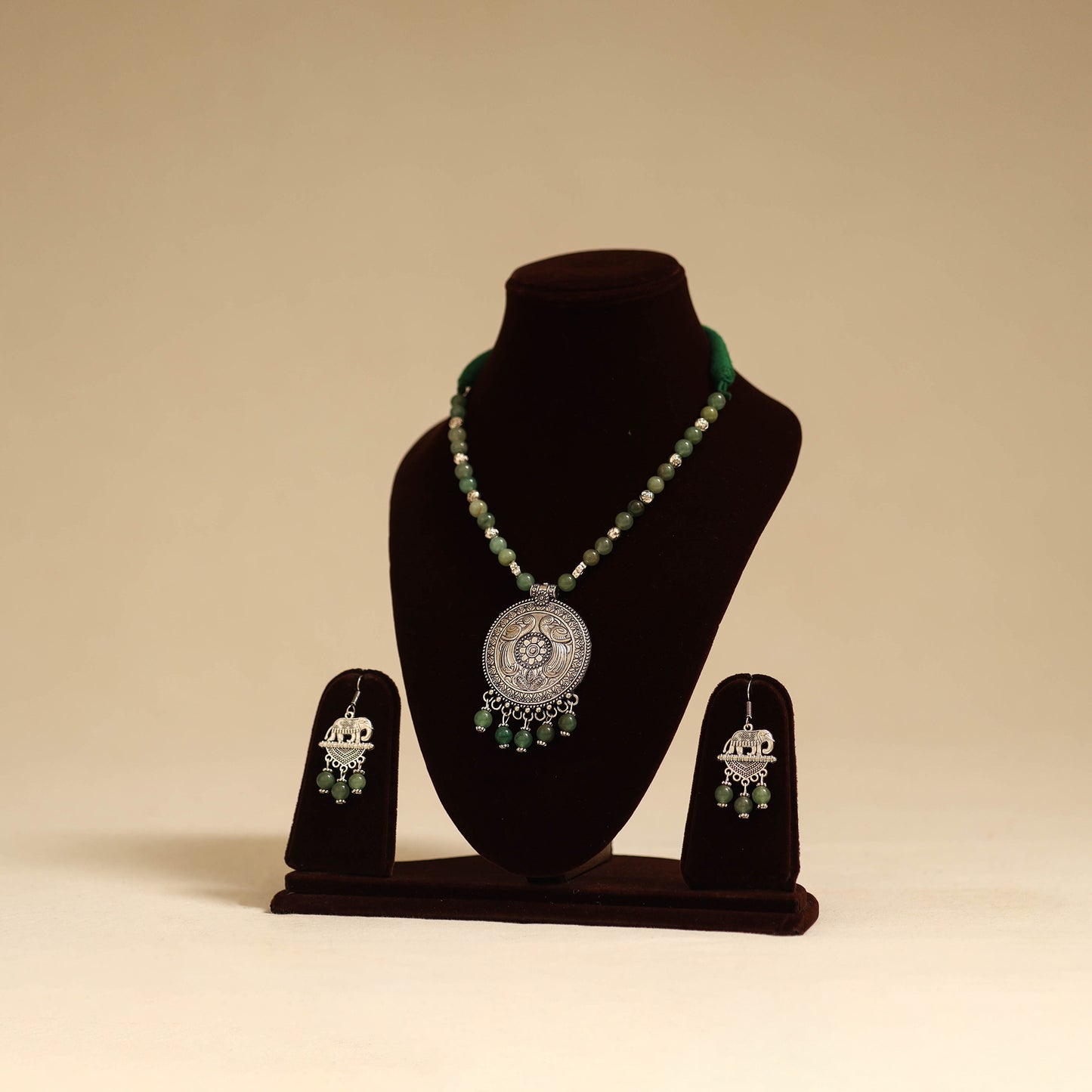 Green - german silver necklace set with glass stones 26
