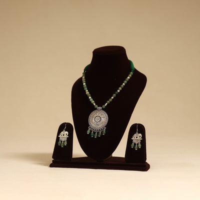 Green - german silver necklace set with glass stones 26