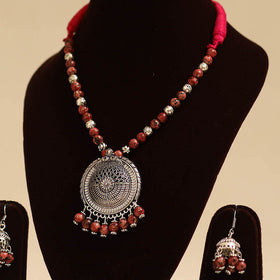 Red - german silver necklace set with glass stones 27