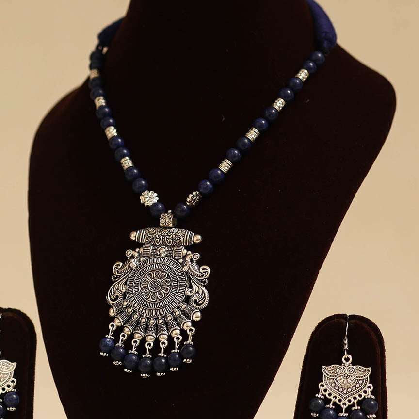 Blue - german silver necklace set with glass stones 28