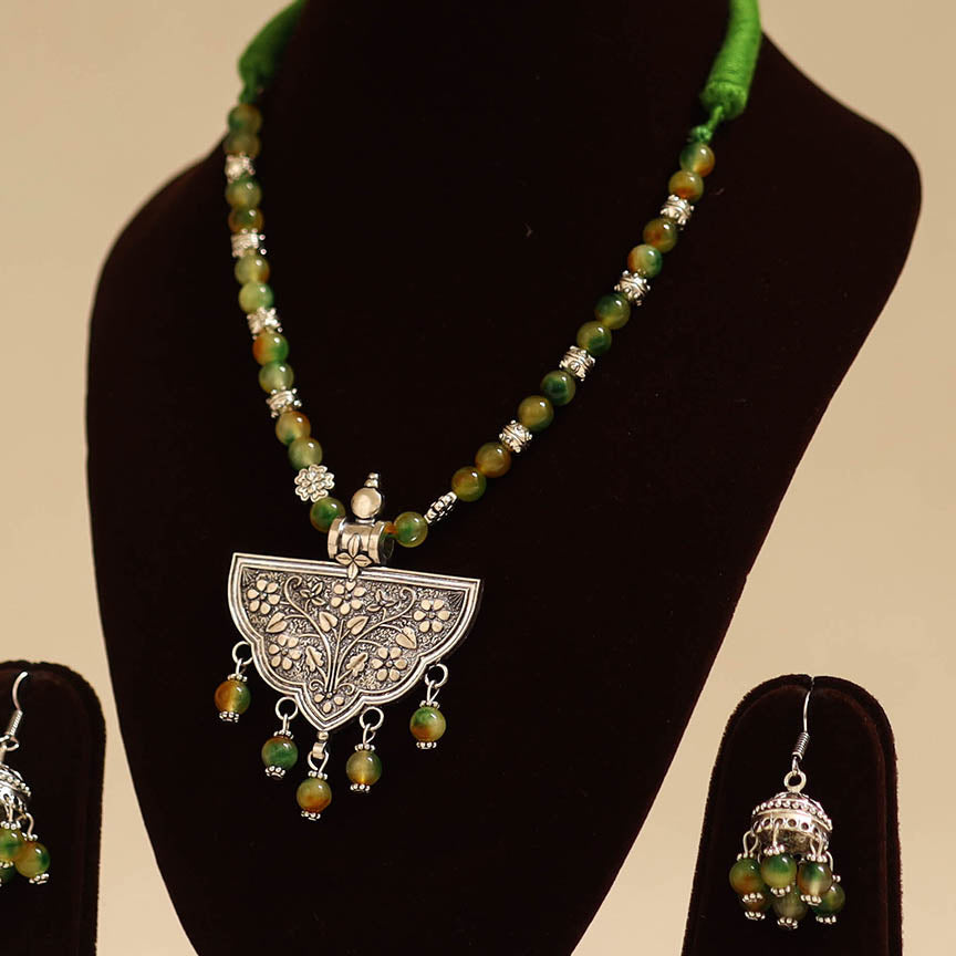 Green - german silver necklace set with glass stones 29