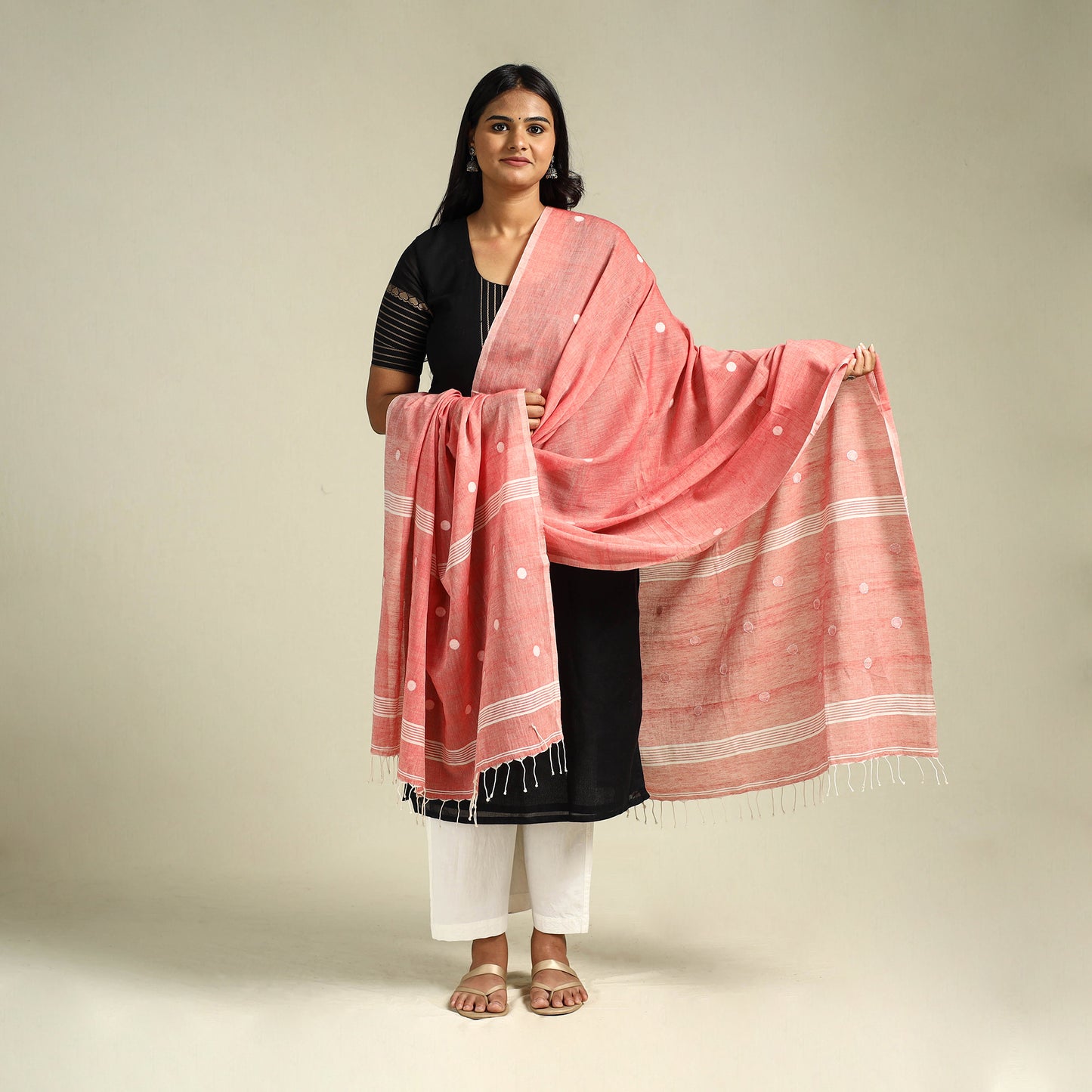Peach Handloom Cotton Burdwan Jamdani Dupatta