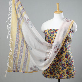 yellow  3pc Sanganeri Block Printed Cotton Suit Material with Kota Doria Dupatta 18 Onine 