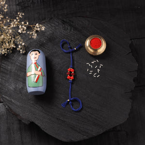Blue - Handcrafted Tribal Dokra Brass Thread Rakhi with Banaras Wood Doll Box 50